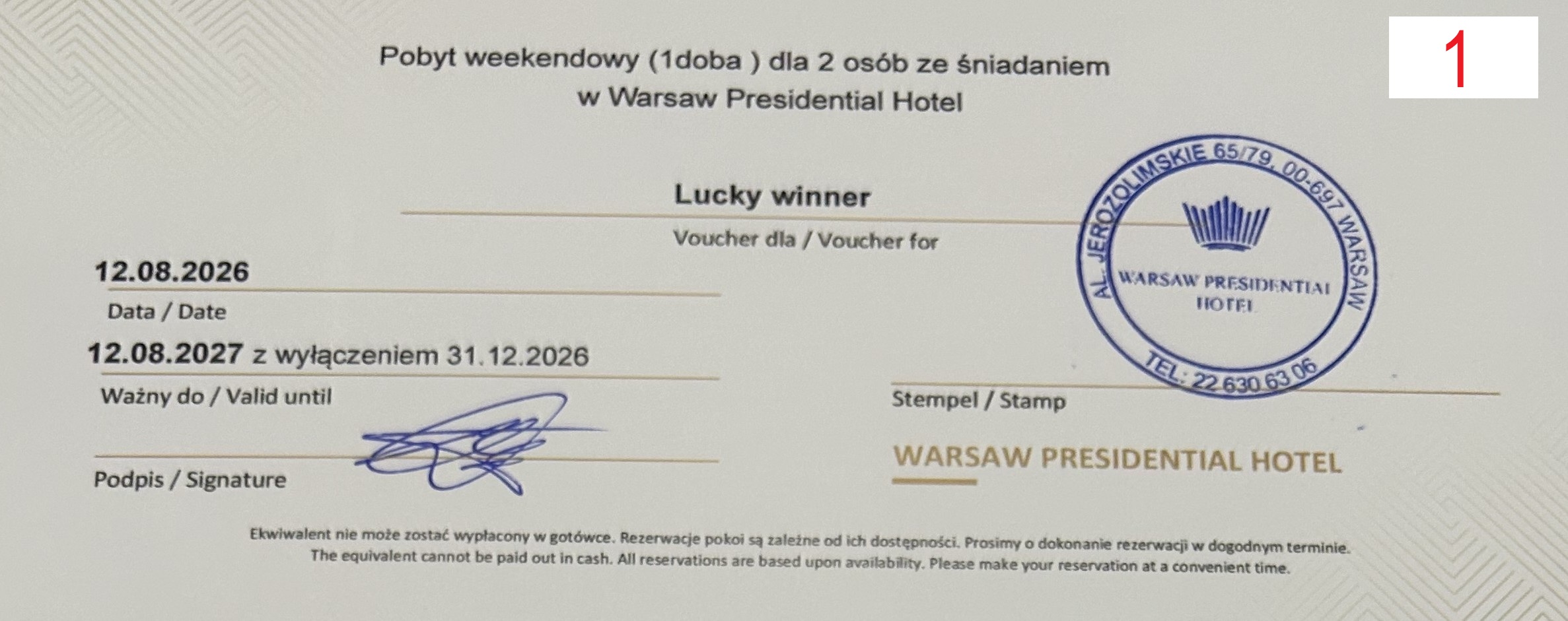 I Voucher na pobyt dla 2 osób na 1 dobę ze śniadaniem i dostępem do SPA w Warsaw Presidential Hotel