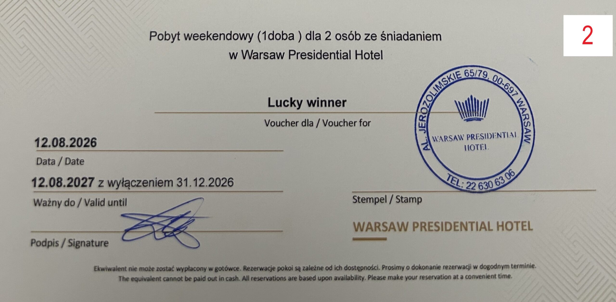 II Voucher na pobyt dla 2 osób na 1 dobę ze śniadaniem i dostępem do SPA w Warsaw Presidential Hotel