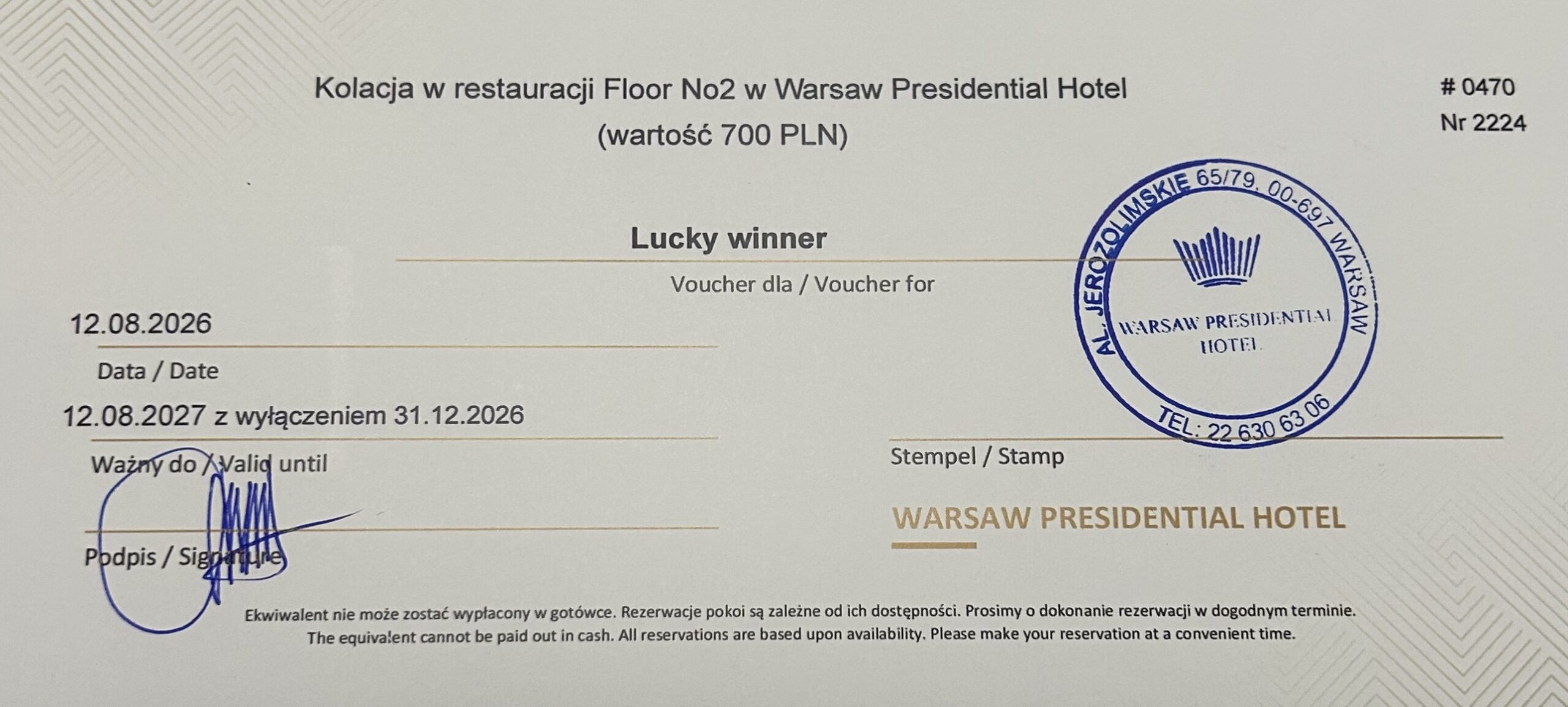 Voucher na kolację w Warsaw Presidential Hotel o wartości 700 zł